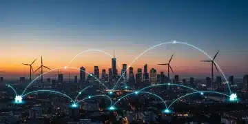 Futuristic city with smart grid and renewable energy integration