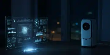 Futuristic smart home with AI surveillance active, showing glowing interfaces and real-time data. A sleek camera is visible in the corner.