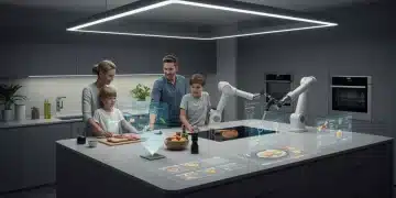 Futuristic smart kitchen with integrated appliances, holographic displays, and robotic assistance, showcasing culinary innovation.