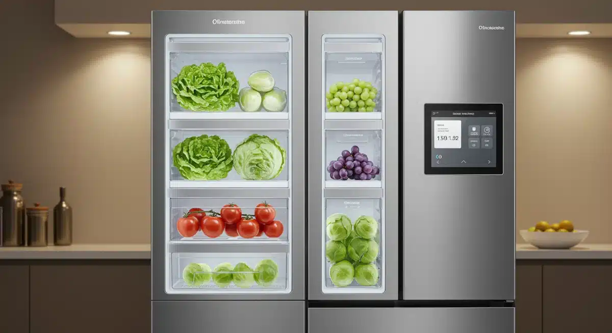 Modular smart refrigerator with transparent, optimized compartments for food preservation and digital inventory.