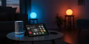 Smart home devices creating a comfortable, automated living space with a tablet displaying control panel and smart lighting.