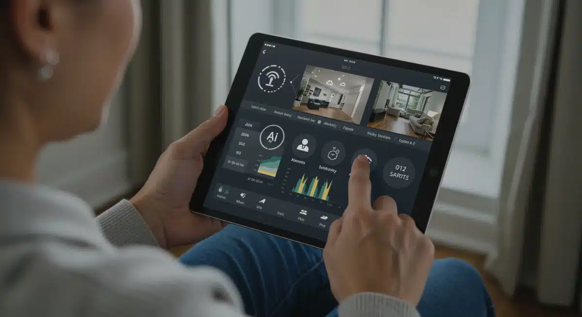 Homeowner reviewing smart home security dashboard on a tablet, showing AI-detected anomaly alerts.