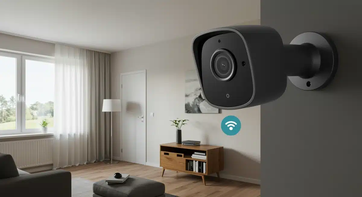 Modern smart security camera discreetly mounted, offering wide-angle surveillance for home protection.