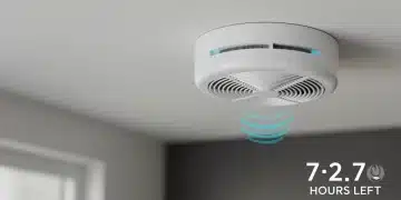 Modern smart smoke detector with blue LED, mounted on a ceiling, indicating advanced home safety.