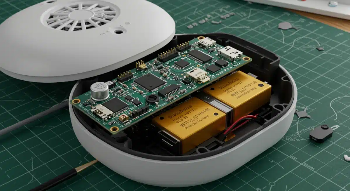 Internal components of a smart smoke detector, highlighting advanced sensor technology and Wi-Fi module.