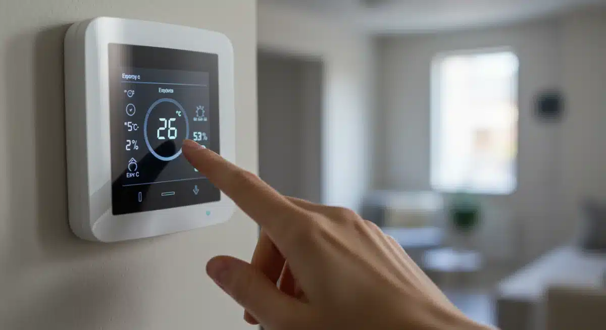 Hand adjusting a smart thermostat displaying energy saving data in a modern home.