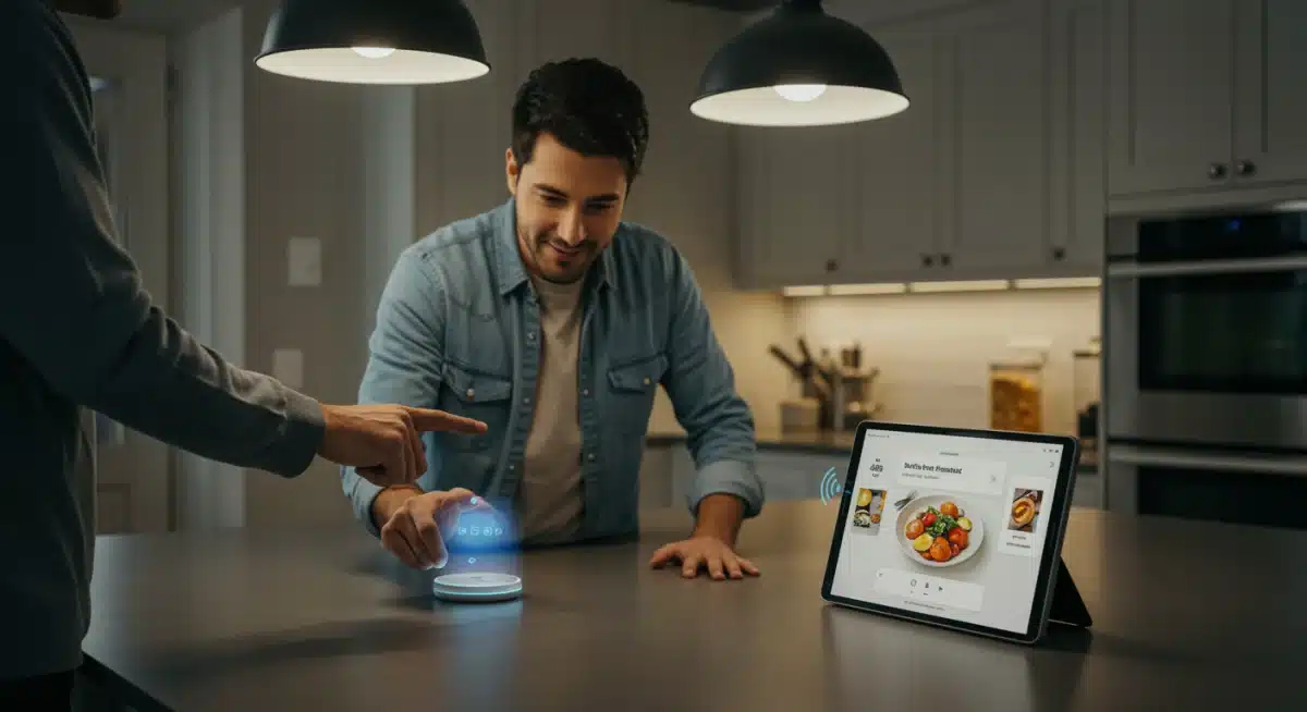 Homeowner using voice assistant for integrated smart home control