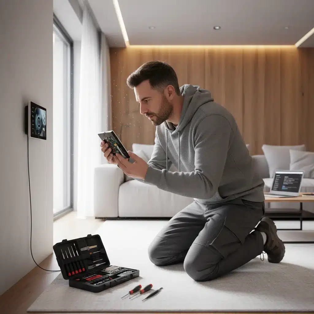 Individual troubleshooting a smart device with tools, focusing on a detailed inspection.