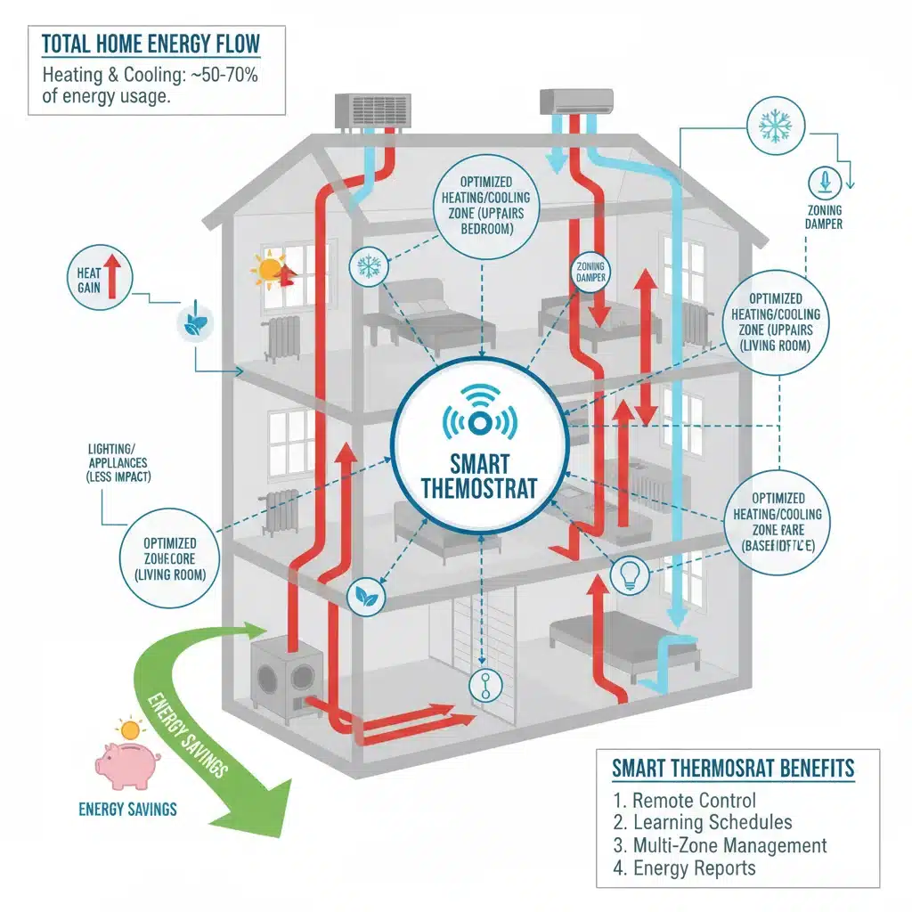 Diagram illustrating energy savings and optimized zones with smart thermostat