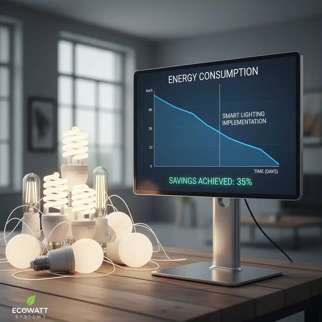 Digital graph illustrating energy savings from smart lighting, with smart bulbs in the foreground.
