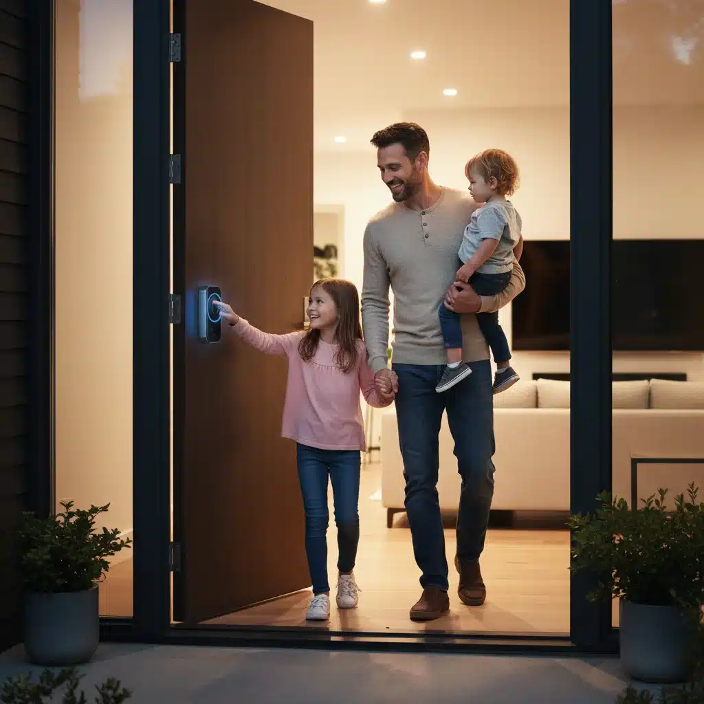 Family easily accessing home with smart lock, smiling.