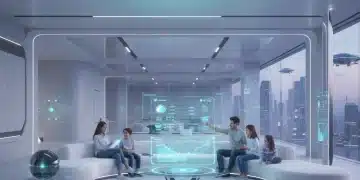 Futuristic smart home living room with AI-powered automation and integrated devices