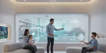 Family interacting with advanced smart home interfaces in a futuristic living room