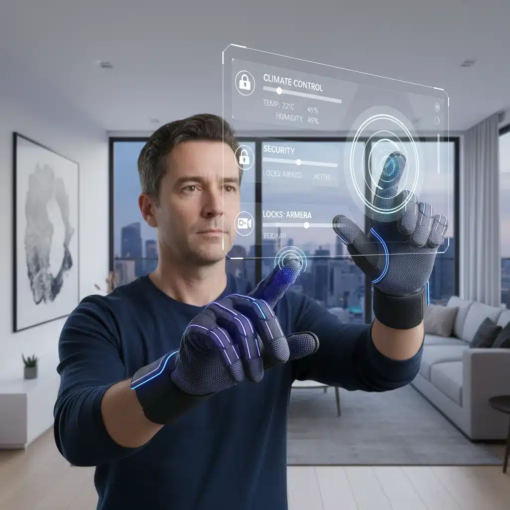 Person using haptic feedback gloves for smart home control