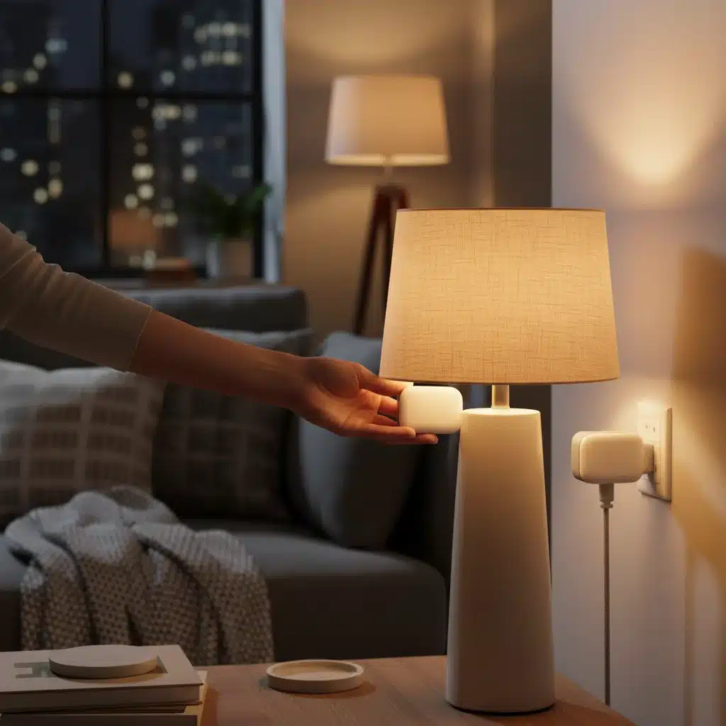 Hand installing a white smart plug into an electrical outlet for home automation.