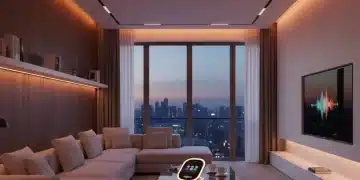 Modern living room with adaptive smart lighting creating a cozy ambiance.
