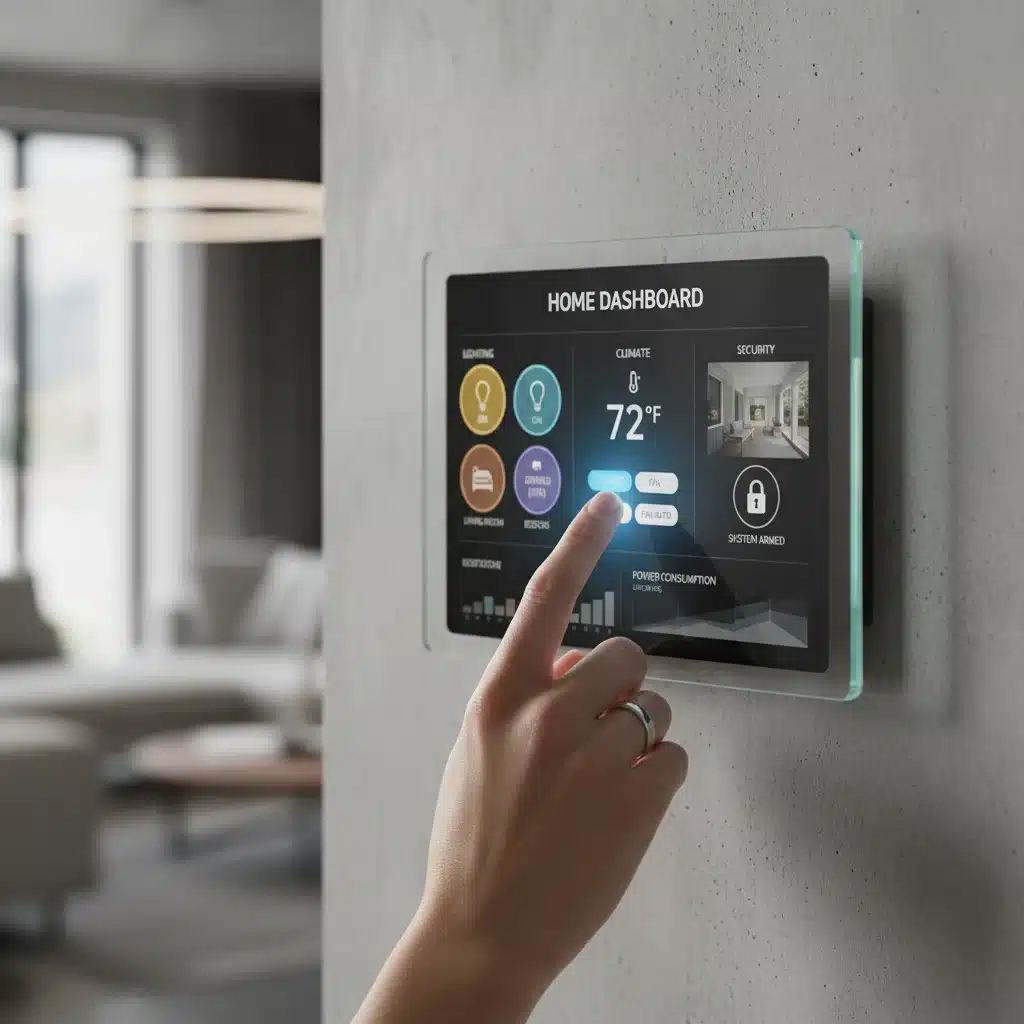 User interacting with a smart home hub's touchscreen interface