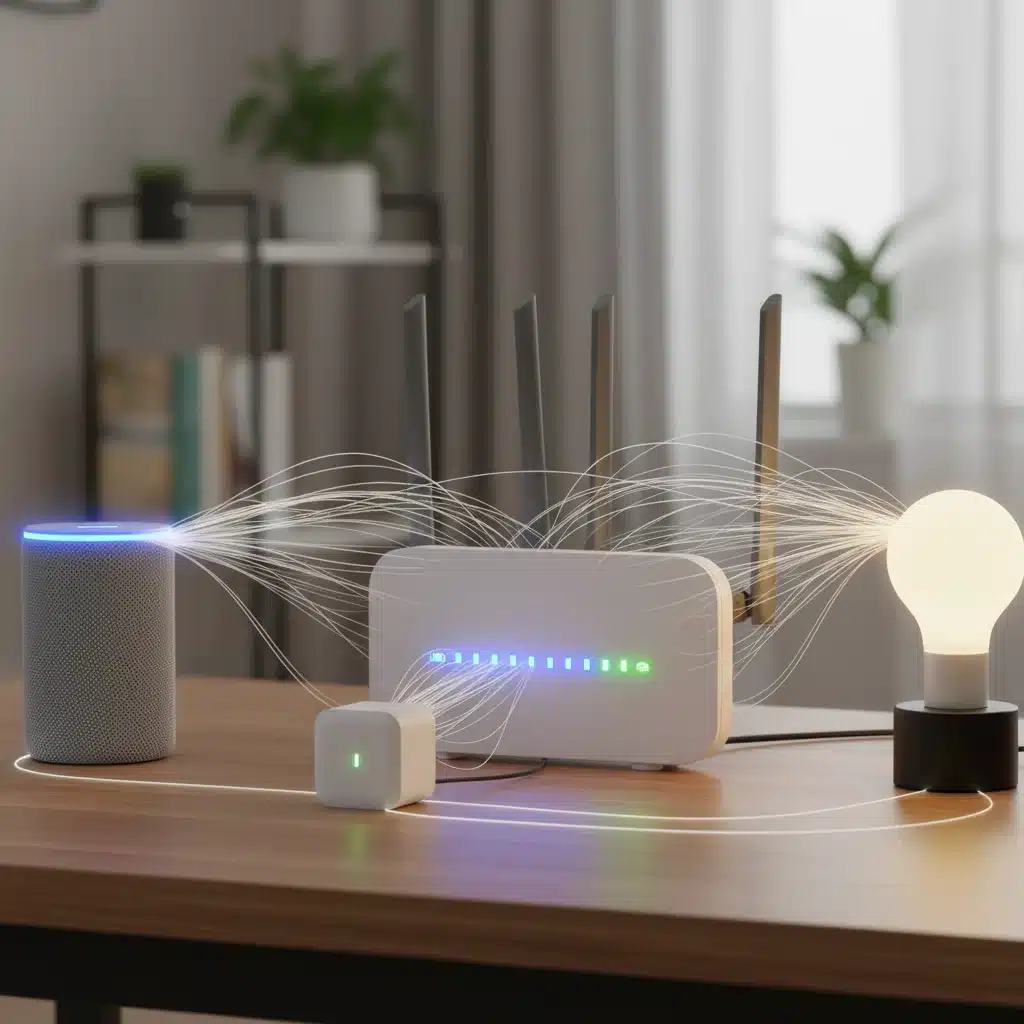 Smart home devices surrounding a Wi-Fi router, symbolizing network connectivity issues.