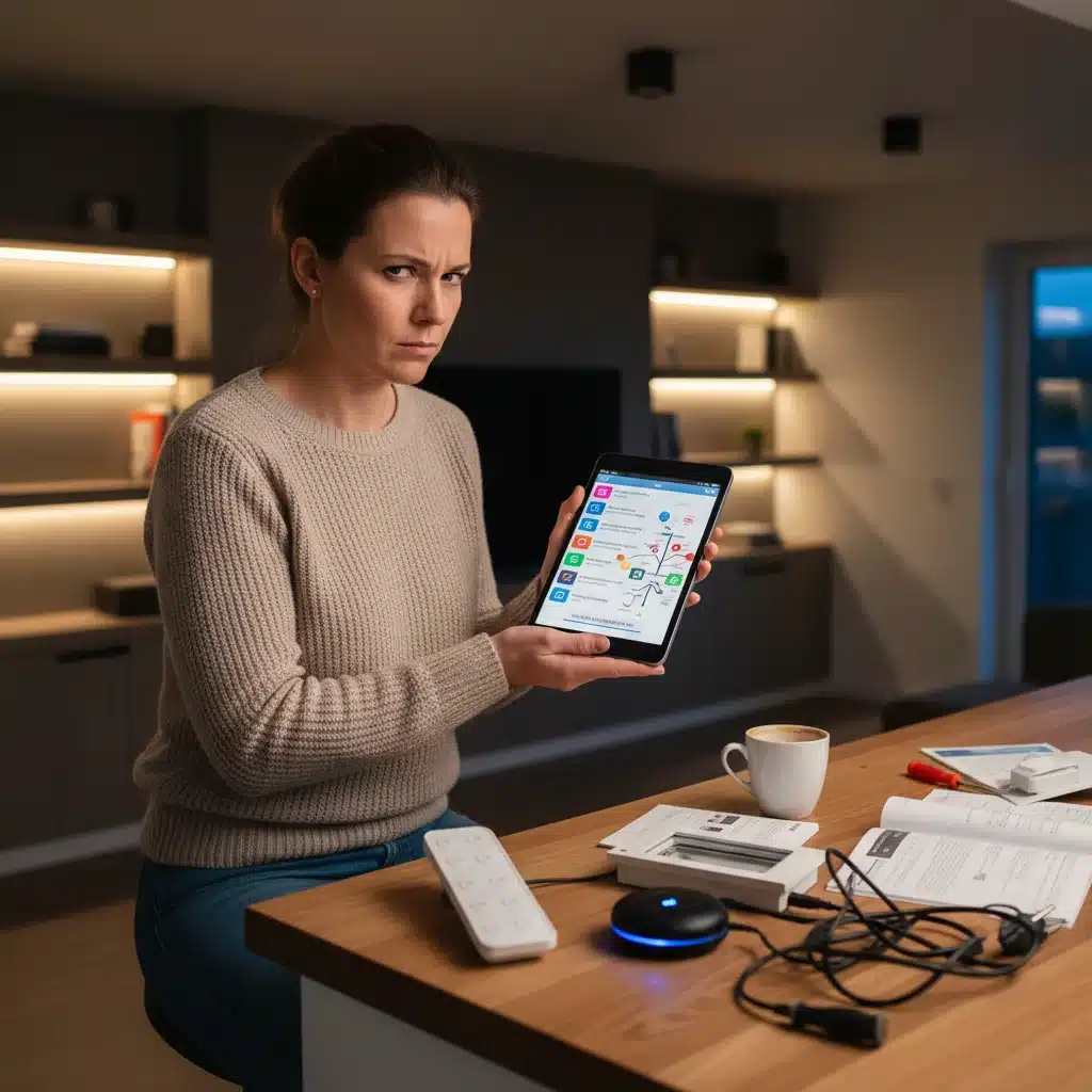 Homeowner troubleshooting smart lighting configuration on a tablet.