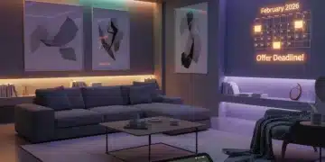 Modern living room with smart lighting changing colors, controlled by a tablet, highlighting a limited-time offer.