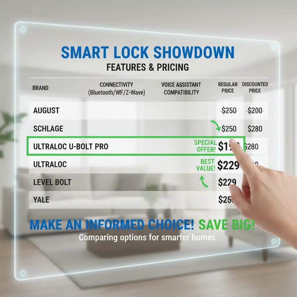 Comparison chart of smart lock features, prices, and highlighted discounts.