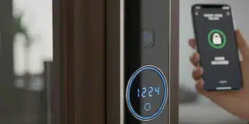 Modern smart lock on a dark wooden door with glowing keypad and smartphone app.