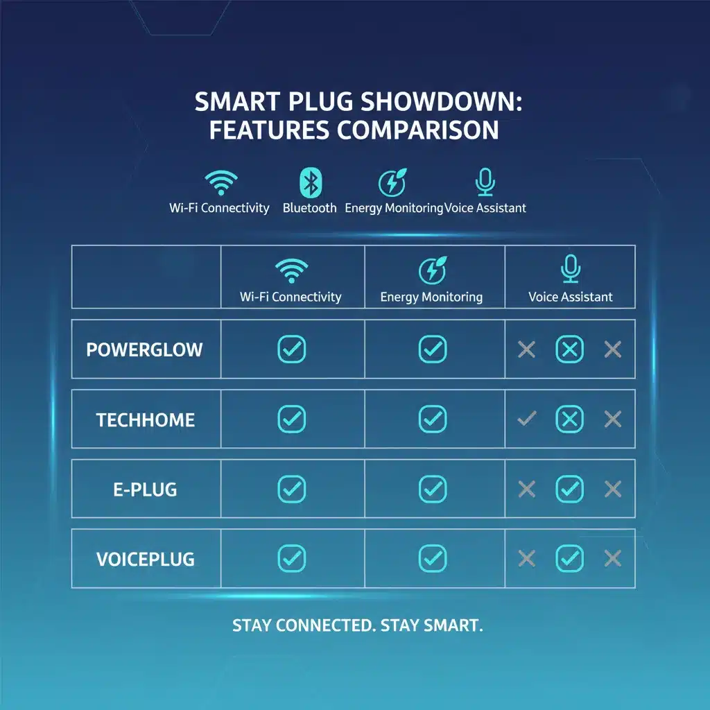 Infographic comparing features and specifications of various smart plug brands.