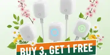 Illustration of various smart plugs with a 'Buy 3, Get 1 Free' spring offer.
