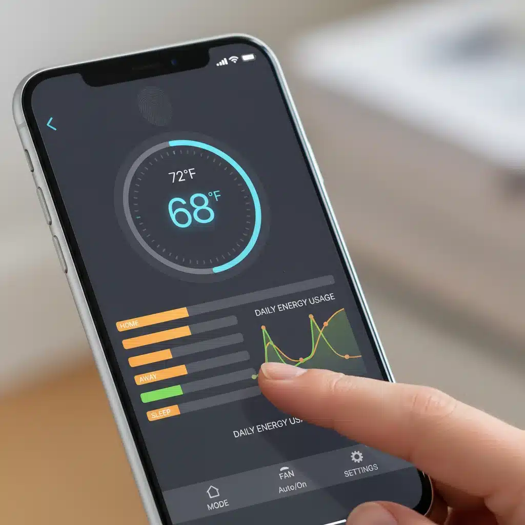 Smartphone app controlling smart thermostat schedules and settings