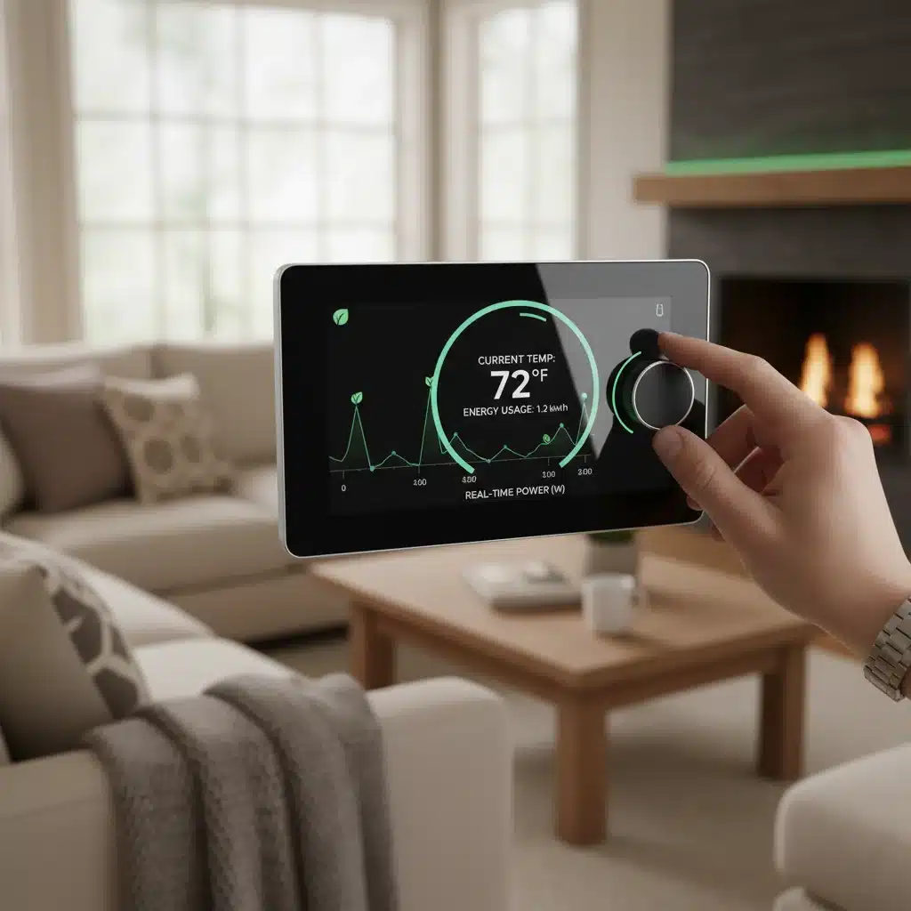 Smart thermostat displaying energy usage data