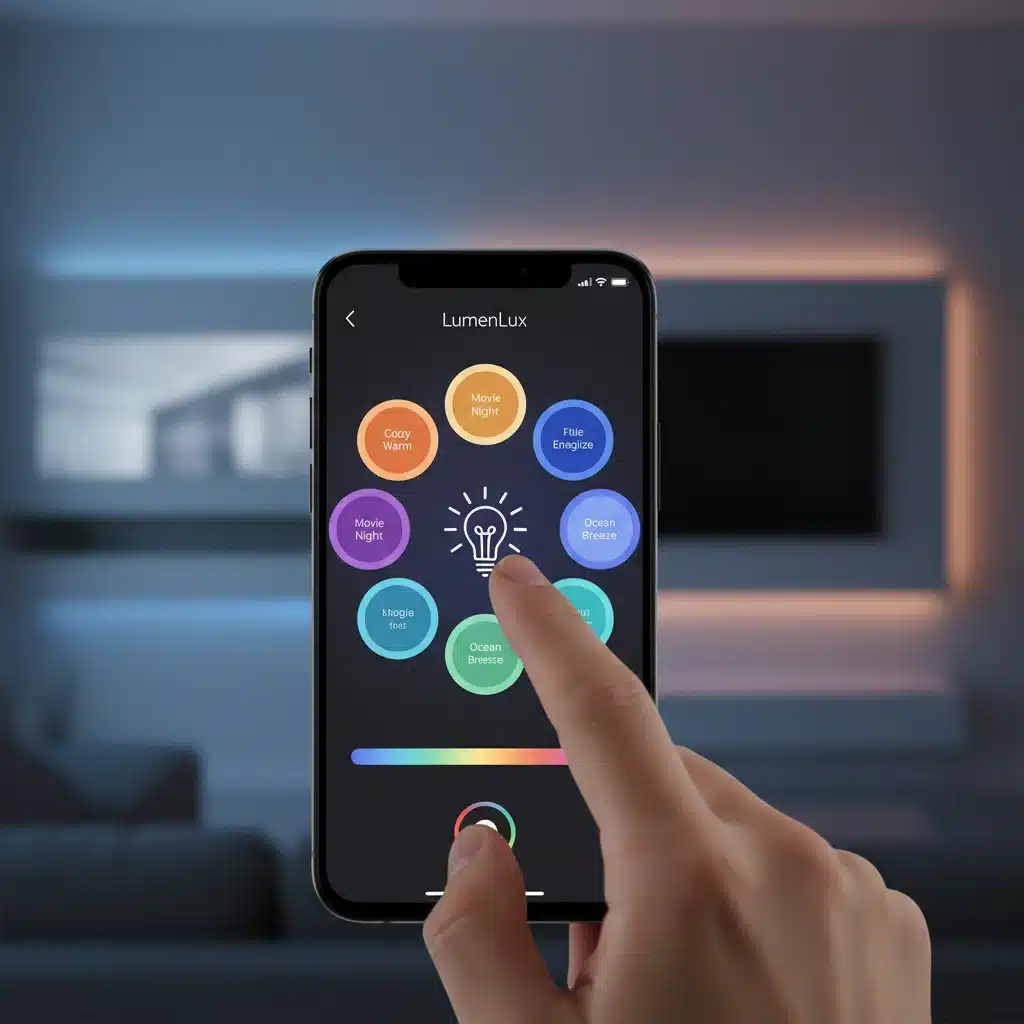 Hand using a smartphone app to control smart home lighting, showcasing ease of use.