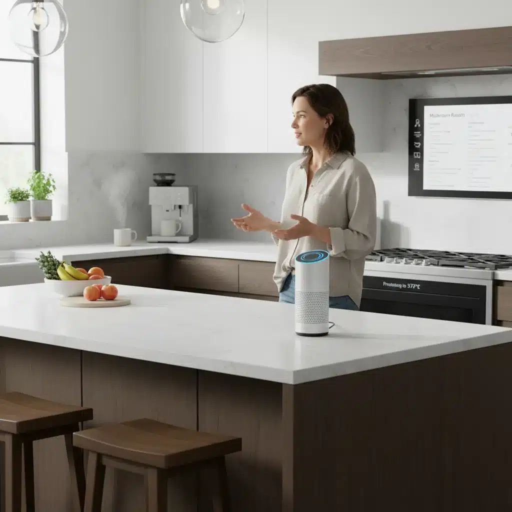 Homeowner using voice-controlled AI assistant in a smart kitchen