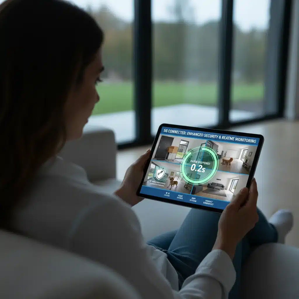 Person monitoring smart home security system on a tablet with 5G connection.