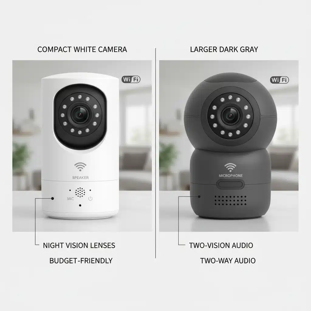 Comparison of two budget-friendly smart security cameras with features highlighted.
