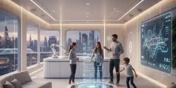 Futuristic smart home interior with integrated 5G devices and holographic interface.