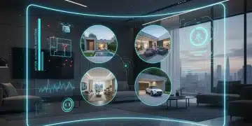 Futuristic smart home security dashboard showing live feeds and sensor data.