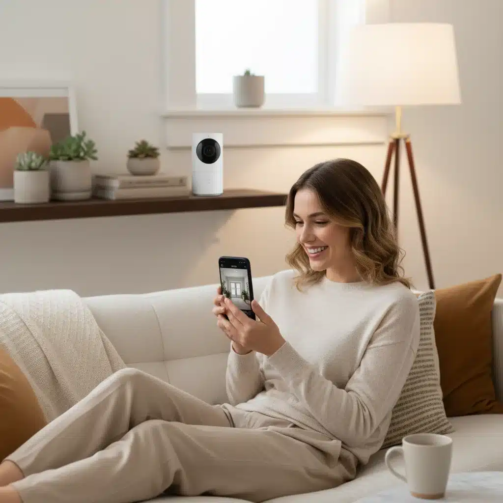 Woman checking smart camera feed on phone for peace of mind.