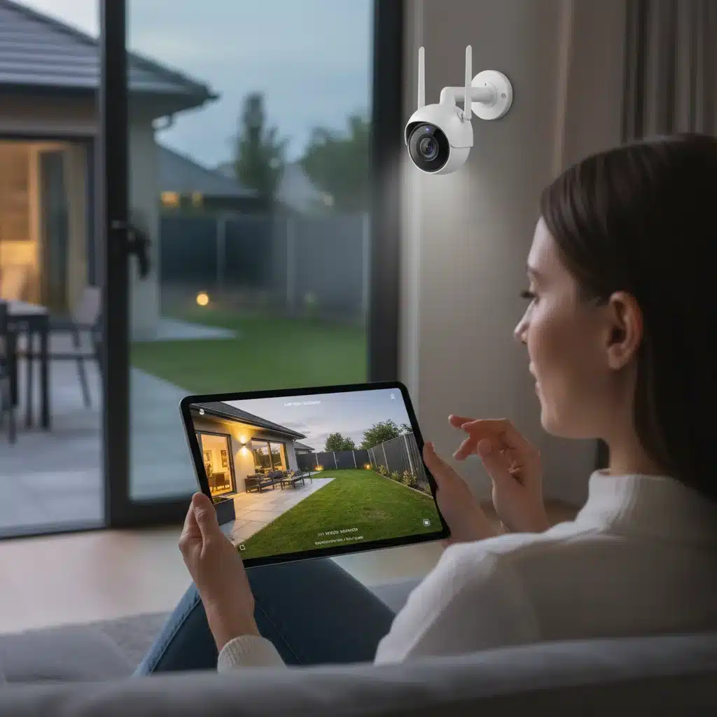 Person monitoring smart outdoor security camera feed on a tablet.