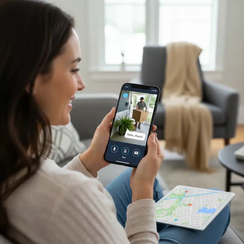 Person checking smart doorbell camera on phone, showing package delivery.