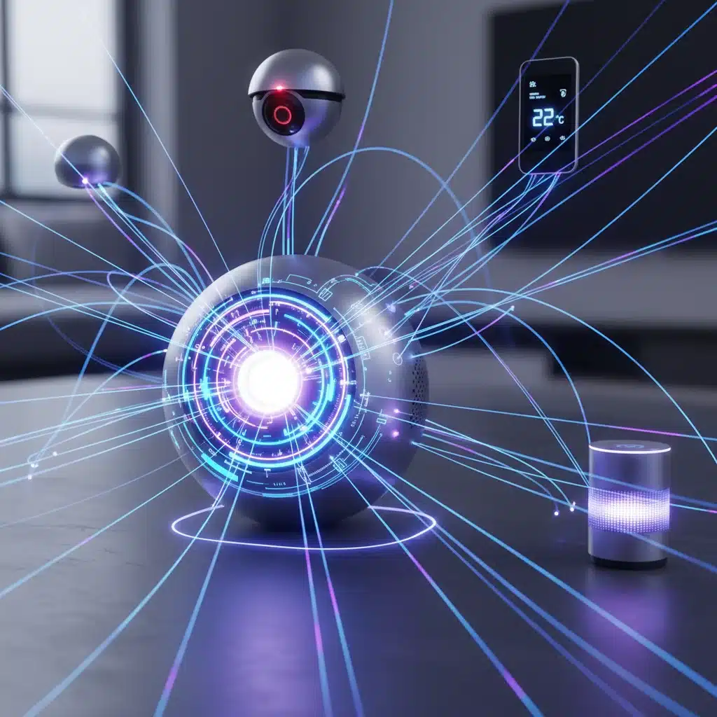 Smart home hub glowing with network connections to various devices.