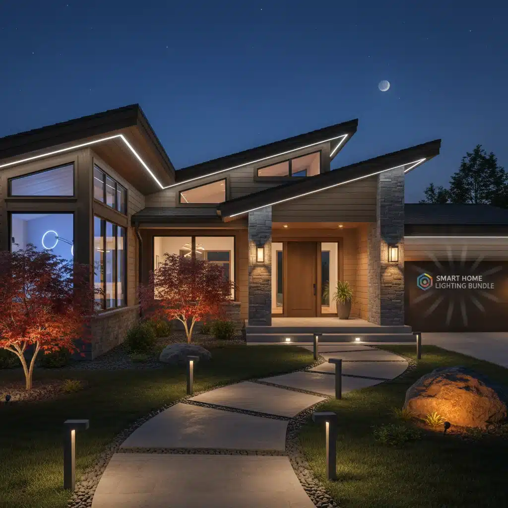 Smart outdoor lighting illuminating a modern home exterior at night