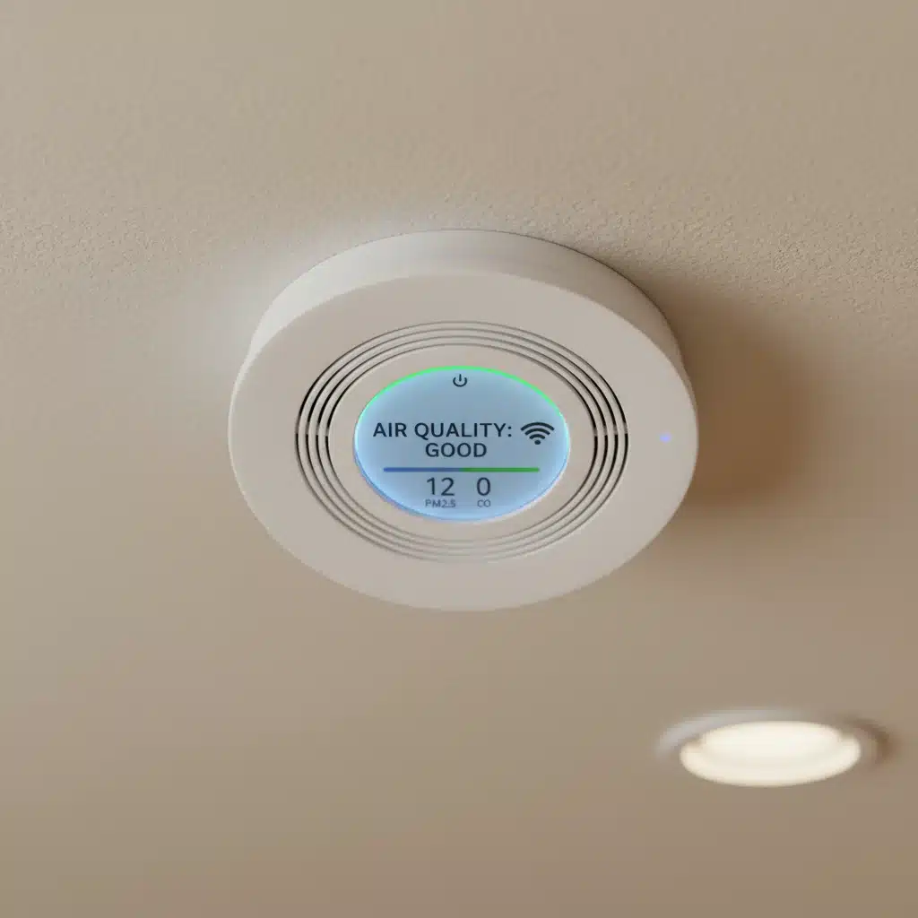 Smart smoke and carbon monoxide detector with digital display and Wi-Fi symbol.