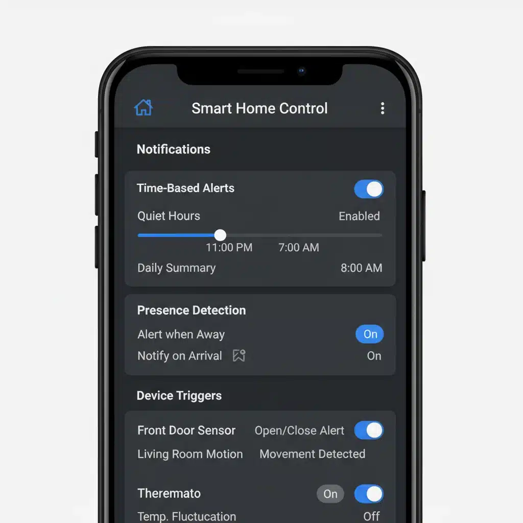 Smartphone screen displaying advanced smart home notification settings interface