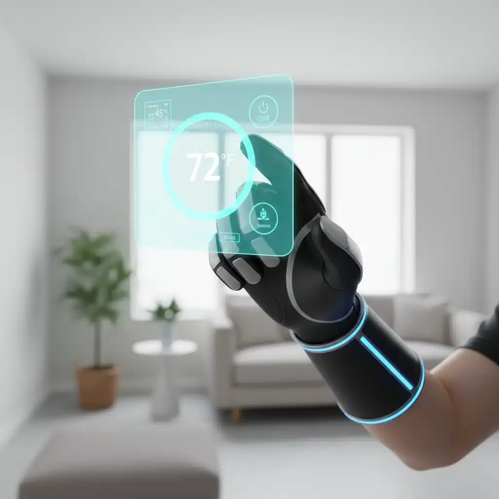 Hand interacting with holographic smart thermostat control panel via AR glove.