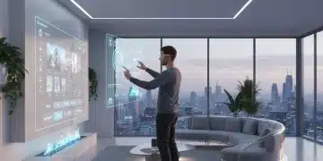 Person using augmented reality glasses to control smart home devices in a modern living room.