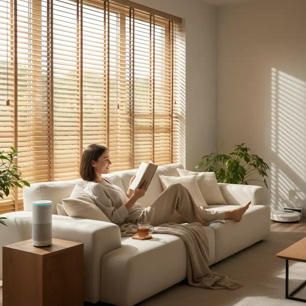Person relaxing in a smart home, with automated blinds adjusting and music playing, showcasing effortless comfort.