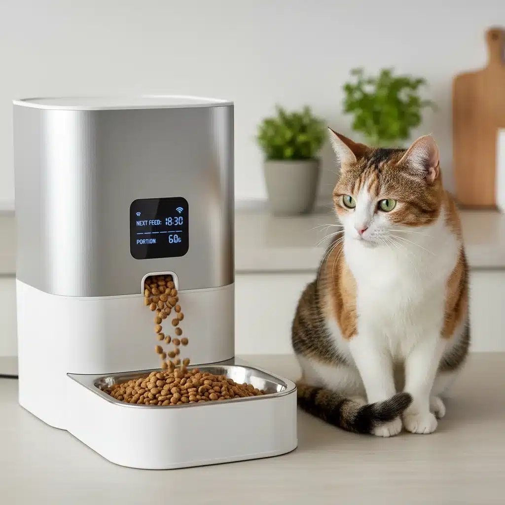 Smart pet feeder dispensing food for a cat, demonstrating automated nutrition.
