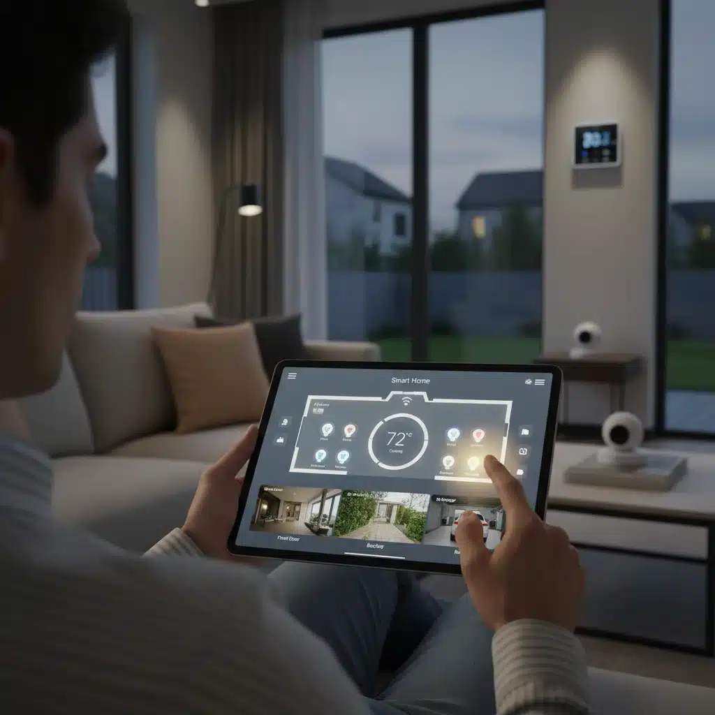 Person controlling multiple smart home devices via a tablet interface