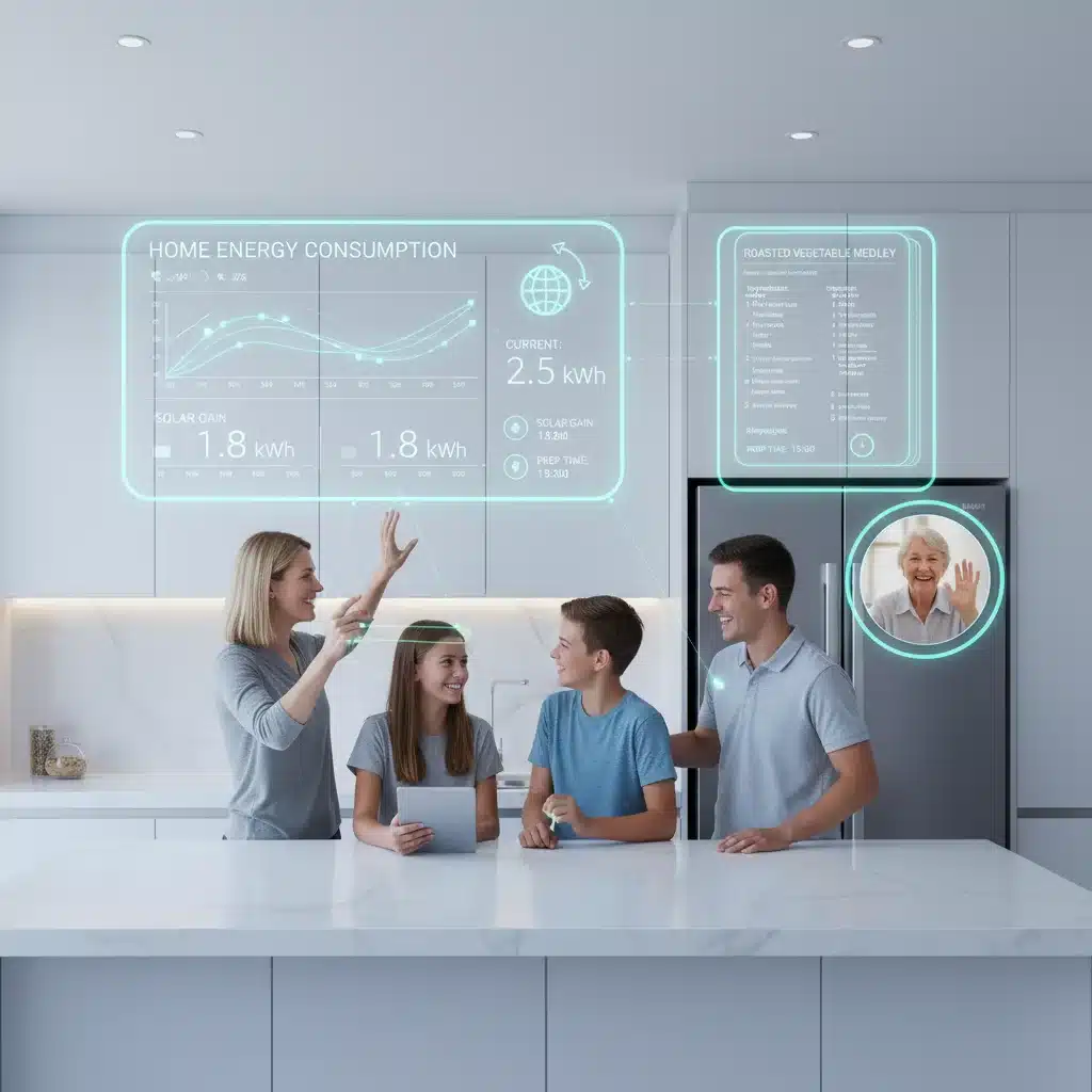 Family interacting with multi-user augmented reality projections in a smart kitchen.