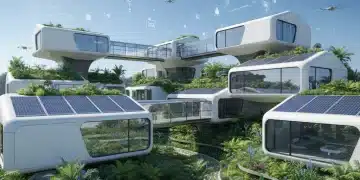 Futuristic modular smart home with integrated solar panels and sleek design, surrounded by nature.